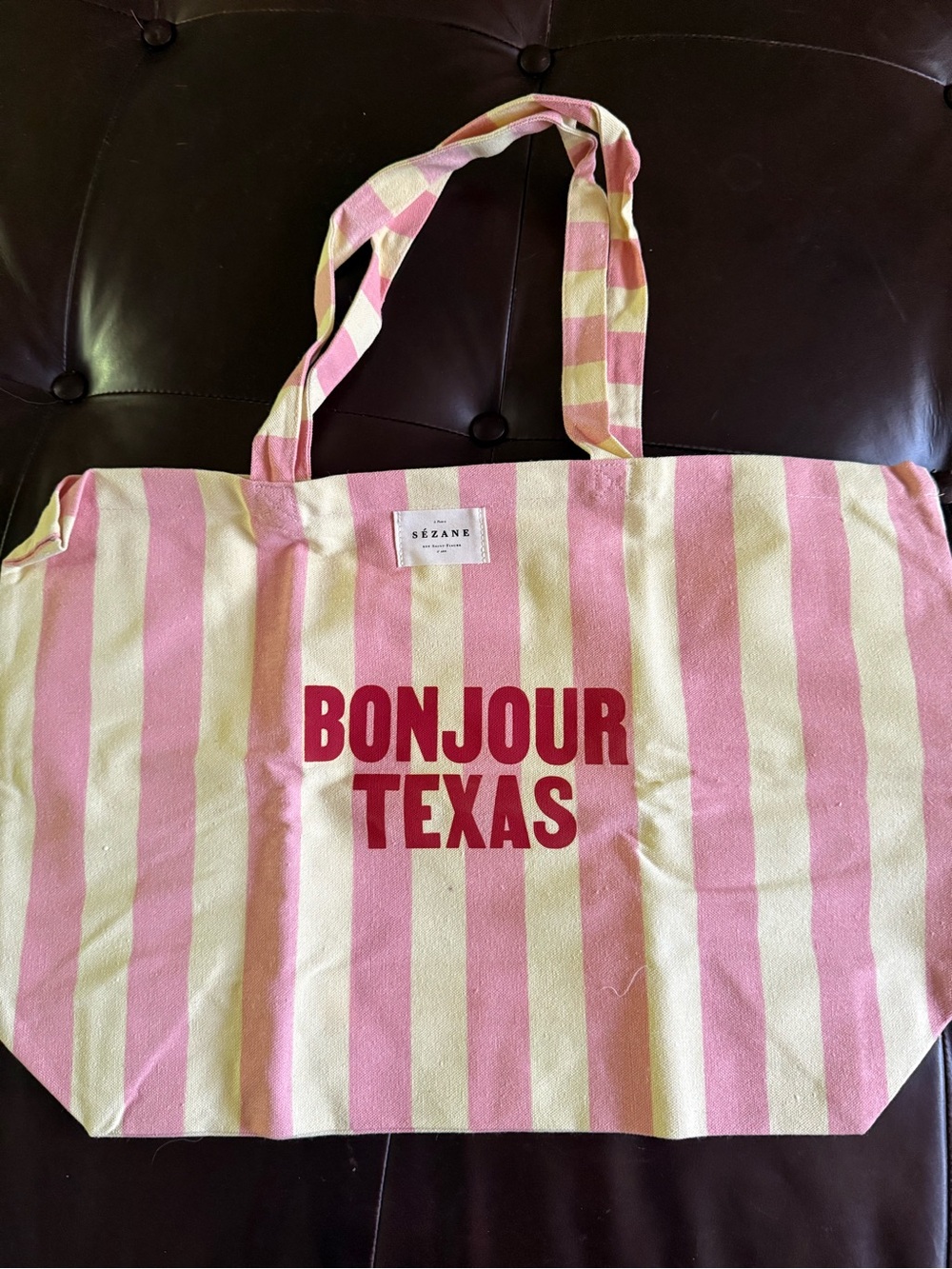 Sézane Pink and Yellow Striped Tote with Red "BONJOUR"